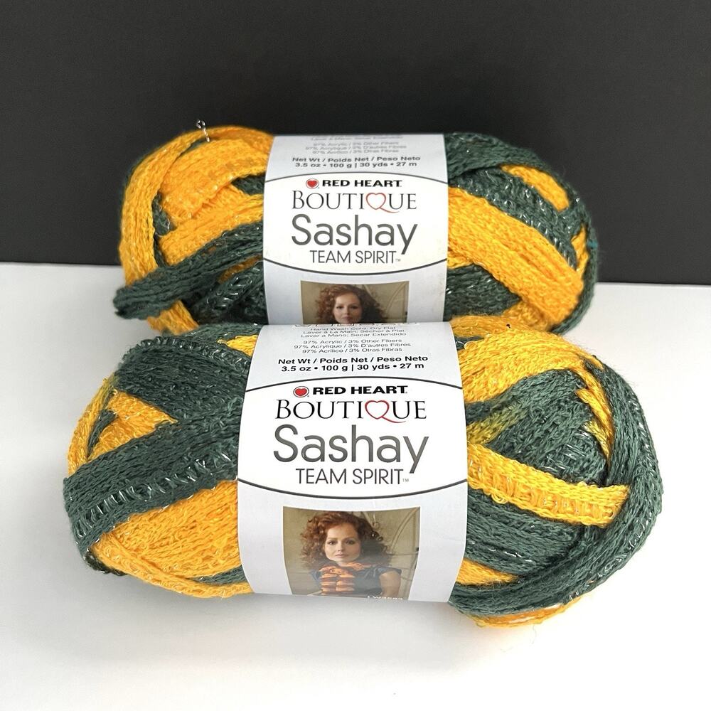 2 Red Heart Boutique Sashay Team Ruffle Yarn Green Gold 30 Yd 3.5 Oz Skein Lot